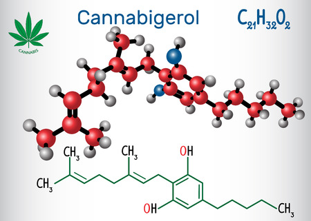 Cannabigerol, structural chemical formula and molecule model. Non-intoxicating cannabinoid in plants of the genus cannabis. Vector illustrationのイラスト素材