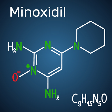 Minoxidil molecule. Structural chemical formula and molecule model on the dark blue background. Vector illustrationのイラスト素材