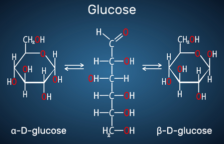 Glucose (dextrose, D-glucose) molecule. Ð¡yclic and acyclic forms. Structural chemical formula on the dark blue background. Vector illustrationのイラスト素材