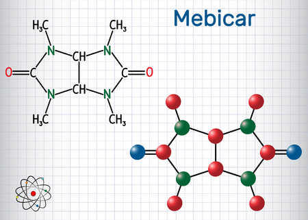 Mebicar (mebicarum) anxiolytic drug molecule. Sheet of paper in a cage. Structural chemical formula and molecule model. Vector illustrationのイラスト素材