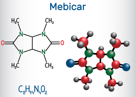 Mebicar (mebicarum) anxiolytic drug molecule. Structural chemical formula and molecule model. Vector illustrationのイラスト素材