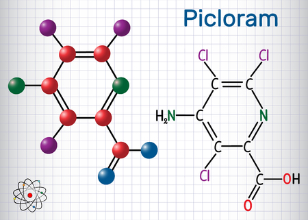 Picloram molecule. Sheet of paper in a cage. Structural chemical formula and molecule model. Vector illustrationのイラスト素材