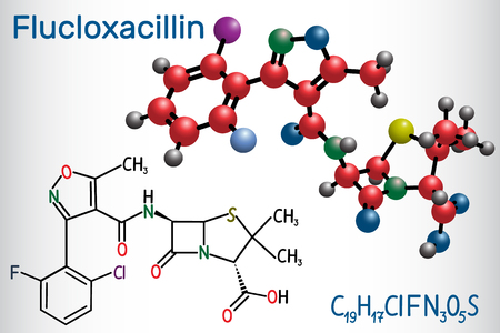Flucloxacillin (floxacillin) molecule. It is beta-lactam antibiotic of the penicillin class. Structural chemical formula and molecule model. Vector illustrationのイラスト素材