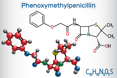 Phenoxymethylpenicillin (penicillin V) antibiotic drug molecule. Structural chemical formula and molecule model. Vector illustrationのイラスト素材