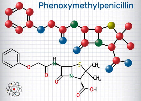 Phenoxymethylpenicillin (penicillin V) antibiotic drug molecule. Structural chemical formula and molecule model. Sheet of paper in a cage.Vector illustrationのイラスト素材