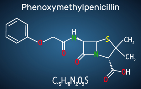 Phenoxymethylpenicillin (penicillin V) antibiotic drug molecule. Structural chemical formula on the dark blue background. Vector illustrationのイラスト素材