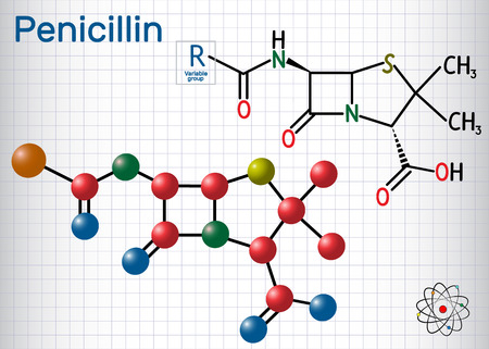 General formula of penicillin (PCN) molecule. It is a group of antibiotics. Sheet of paper in a cage. Structural chemical formula and molecule model. Vector illustrationのイラスト素材