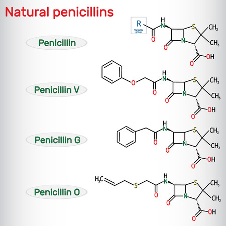 Natural penicillins antibiotic drug molecule. Benzylpenicillin , phenoxymethylpenicillin, almecillin. Structural chemical formula. Vector illustrationのイラスト素材