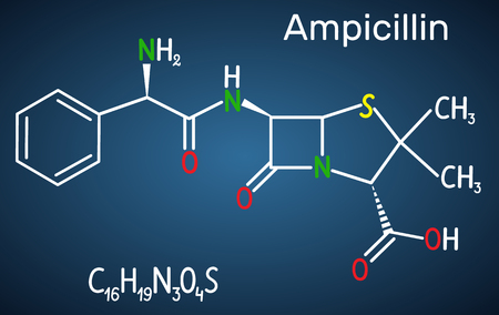 Ampicillin drug molecule. It is beta-lactam antibiotic. Structural chemical formula on the dark blue background. Vector illustrationのイラスト素材