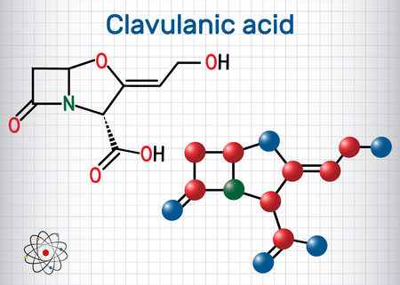 Clavulanic acid Î²-lactam drug molecule. Structural chemical formula and molecule model. Sheet of paper in a cage. Vector illustrationのイラスト素材