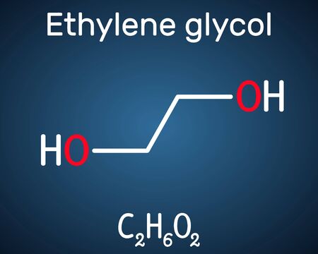 Ethylene glycol, diol molecule. It is used for manufacture of polyester fibers and for antifreeze formulations. Structural chemical formula on the dark blue background. Vector illustrationのイラスト素材