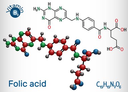 Folic acid, folate molecule. It is known as vitamin B9. Structural chemical formula and molecule model. Vector illustrationのイラスト素材