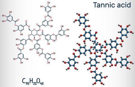 Tannic acid, tannin molecule. It type of polyphenol. Structural chemical formula and molecule model. Vector illustrationのイラスト素材