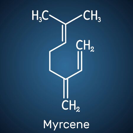Myrcene, beta-myrcene molecule, is an olefinic natural organic hydrocarbon, monoterpene. Structural chemical formula on the dark blue background. Vector illustrationのイラスト素材