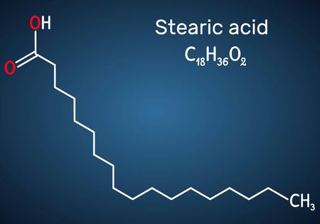 Stearic acid,  octadecanoic, saturated fatty acid molecule. Structural chemical formula on the dark blue background. Vector illustrationのイラスト素材