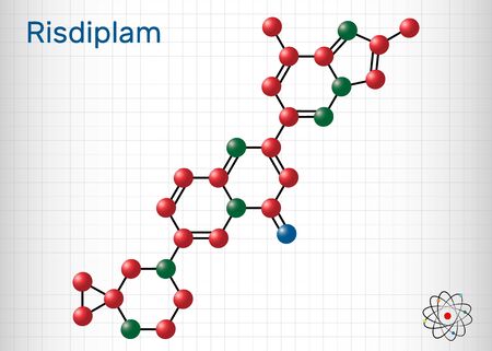 Risdiplam, RG7916, C22H23N7O molecule. It is an experimental drug for treatment spinal muscular atrophy, SMA. Molecule model. Sheet of paper in a cage. Vector illustrationのイラスト素材