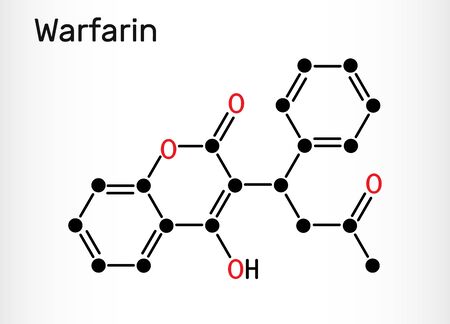 Warfarin, C19H16O4 molecule. Warfarin is an anticoagulant drug normally used to prevent blood clot formation. Skeletal chemical formula. Vector illustrationのイラスト素材