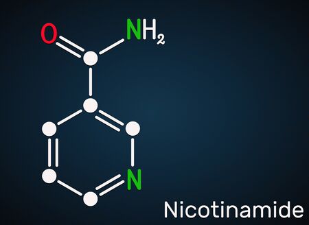 Nicotinamide, NAM, C6H6N2O  molecule. It is vitamin B3 found in food, used as a dietary supplement. Structural chemical formula on the dark blue background. Illustrationの写真素材