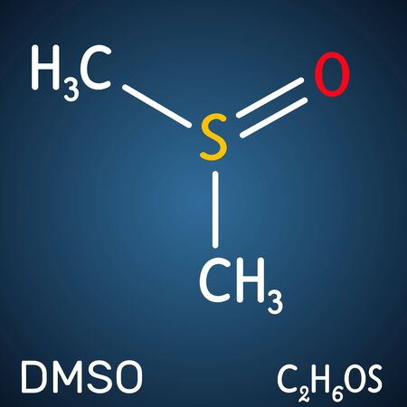 Dimethyl sulfoxide, DMSO, C2H6OS molecule. It is an organosulfur compound, polar aprotic solvent. Structural chemical formula on the dark blue background. Vector illustration