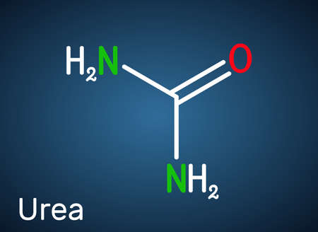 Urea, carbamide molecule. It is a nitrogenous compound containing a carbonyl group, is used as fertilizer, in cosmetics. Structural chemical formula on the dark blue background. Vector illustrationのイラスト素材