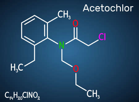 Acetochlor molecule. It is chloroacetanilide, herbicide, a xenobiotic and an environmental contaminant. Structural chemical formula on the dark blue background. Vector illustrationのイラスト素材