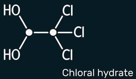 Chloral hydrate. geminal diol, anesthetic molecule. A synthetic monohydrate of chloral, hypnotic and sedative, anticonvulsive drug. Skeletal chemical formula on the dark blue background. Illustrationの写真素材