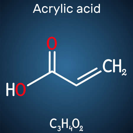 Acrylic acid, propenoic acid molecule. It is unsaturated monocarboxylic acid. Structural chemical formula on the dark blue background. Vector illustrationのイラスト素材