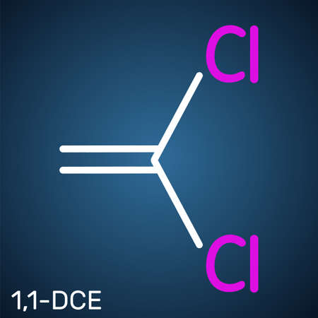 1,1-Dichloroethene, vinylidene chloride, DCE molecule. It is used in the production of polyvinylidene chloride copolymers (PVDC). Structural chemical formula on the dark blue background. Vector illustrationのイラスト素材