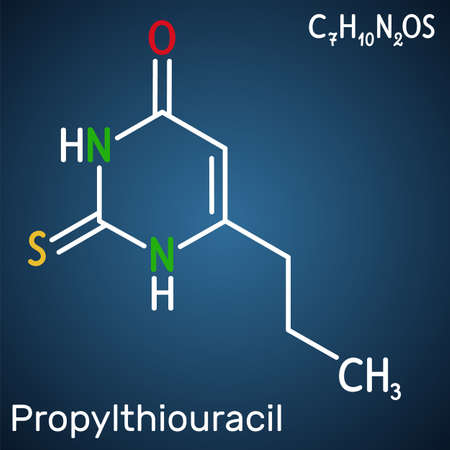 Propylthiouracil, PTU molecule. It is thiourea derivative with antithyroid property, used to treat hyperthyroidism. Structural chemical formula on the dark blue background. Vector illustrationのイラスト素材