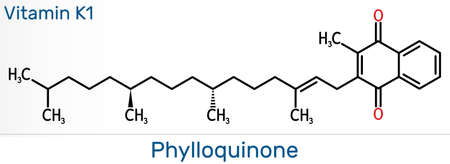 Phytomenadione, vitamin K1, phylloquinone molecule. It is essential fat soluble vitamin, is important in maintaining normal blood coagulation. Skeletal chemical formula. Illustrationの写真素材