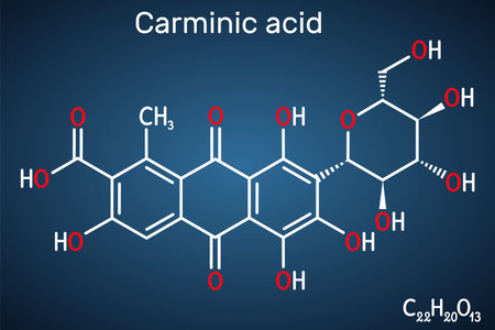 Carminic acid molecule. It is Ñoloring matter, red glucosidal hydroxyanthrapurin. It is used in foods, pharmaceuticals. Structural chemical formula on the dark blue backgroundのイラスト素材