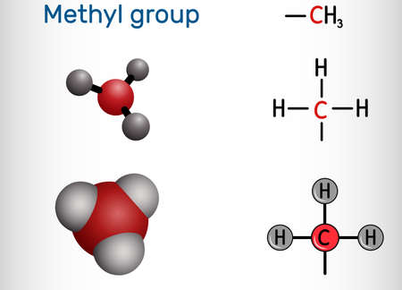 Methyl group (Me), CH3. It is an alkyl functional group, structural unit of organic compounds. Structural chemical formula and molecule model. Vector illustration