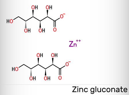 Zinc gluconate molecule. It is ionic compound, zinc salt of gluconic acid, trace mineral supplement. Skeletal chemical formula. Vector illustrationのイラスト素材