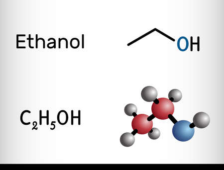 Ethanol, C2H5OH molecule. It is a primary alcohol, an alkyl alcohol. Structural chemical formula and molecule model. Vector illustrationのイラスト素材