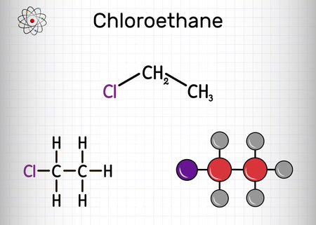 Chloroethane, ethyl chloride, monochloroethane molecule. It is local anesthetic with chemical formula C2H5Cl. Structural chemical formula and molecule model. Sheet of paper in a cage. vector illustration
