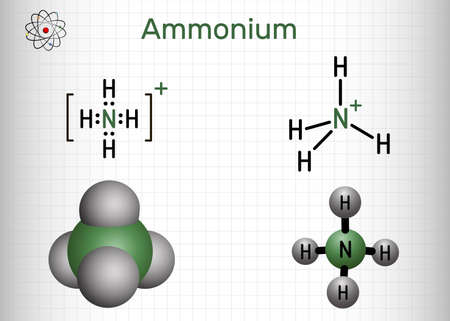 Ammonium cation, Azanium molecule. It is positively charged polyatomic ion. Structural chemical formula and molecule model. Sheet of paper in a cage. vector illustrationのイラスト素材