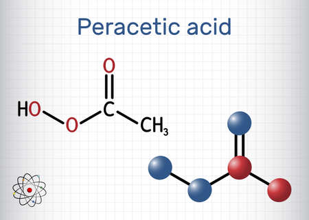 Peracetic acid, peroxyacetic acid, PAA, organic peroxide molecule. Bactericide, fungicide, disinfectant, antimicrobial agent, polymerization catalyst. Sheet of paper in a cage. vector illustration
