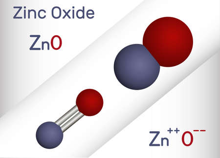 Zinc oxide, ZnO molecule. It is an inorganic compound, mineral ingredient of various pharmacological preparations. Structural chemical formula, molecule model. vector illustrationのイラスト素材