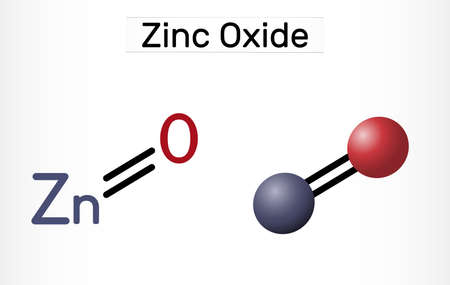 Zinc oxide, ZnO molecule. It is an inorganic compound, mineral ingredient of various pharmacological preparations. Structural chemical formula, molecule model. vector illustrationのイラスト素材
