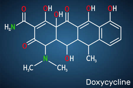 Doxycycline molecule. It is a broad-spectrum tetracycline antibiotic used to treat a wide variety of bacterial infections. Structural chemical formula on the dark blue background. vector illustrationのイラスト素材