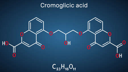 Cromoglic acid, cromolyn, cromoglycate, cromoglicate molecule. It is antihistamine medication used to treat asthma, allergic reactions of the eyes and nose. Structural chemical formula on the dark blue background. vector illustrationのイラスト素材