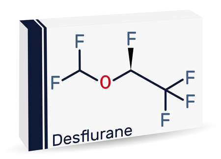 Desflurane molecule. It is organofluorine compound, inhalation anaesthetic. Skeletal chemical formula. paper packaging for drugs. vector illustrationのイラスト素材