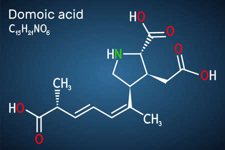 Domoic acid, DA neurotoxin molecule. It is an analogue of kainic acid, produced by the diatomic algal Pseudo-nitzschia. Structural chemical formula on the dark blue background. vector illustrationのイラスト素材