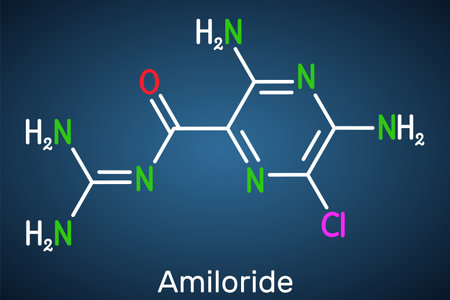 Amiloride molecule. It is a pyrizine compound used to treat hypertension, congestive heart failure. Structural chemical formula on the dark blue background. vector illustrationのイラスト素材