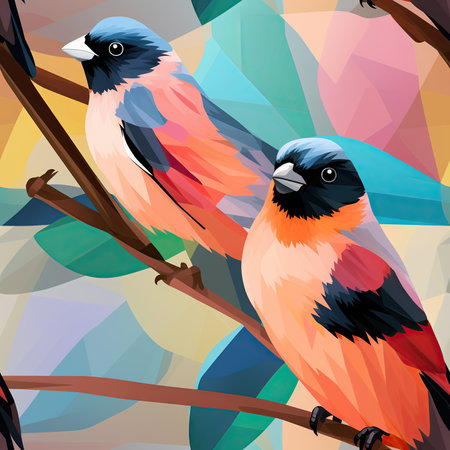 Two colorful bullfinch sitting on a tree branch, colorful seamless pattern. AI illustrationの素材