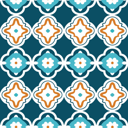 An orange and blue quatrefoil on a blue background. Seamless pattern. vector illustration