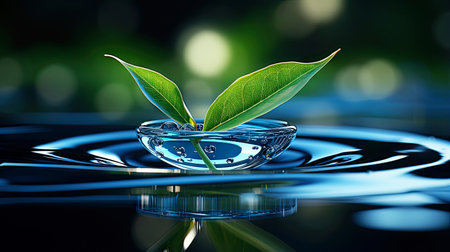 A green leaf floating in a bowl of water, concept of environmental protectionの素材