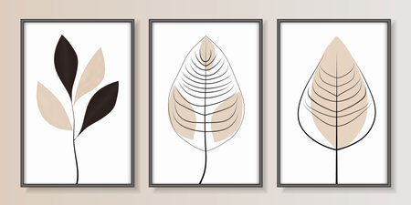 Three framed posters with abstract leaves in pastel colors. Vector illustrationのイラスト素材
