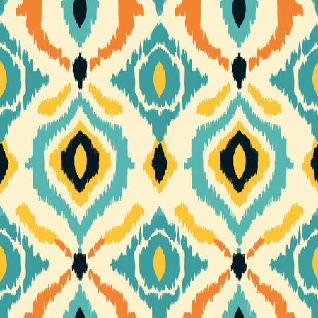 Ikat retro seamless pattern with blue and yellow colors. Vector illustrationのイラスト素材