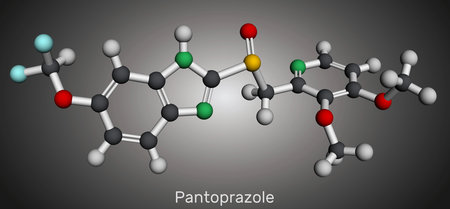 Pantoprazole molecule. It is proton pump inhibitor, gastric ulcer drug. Molecular model. 3D...